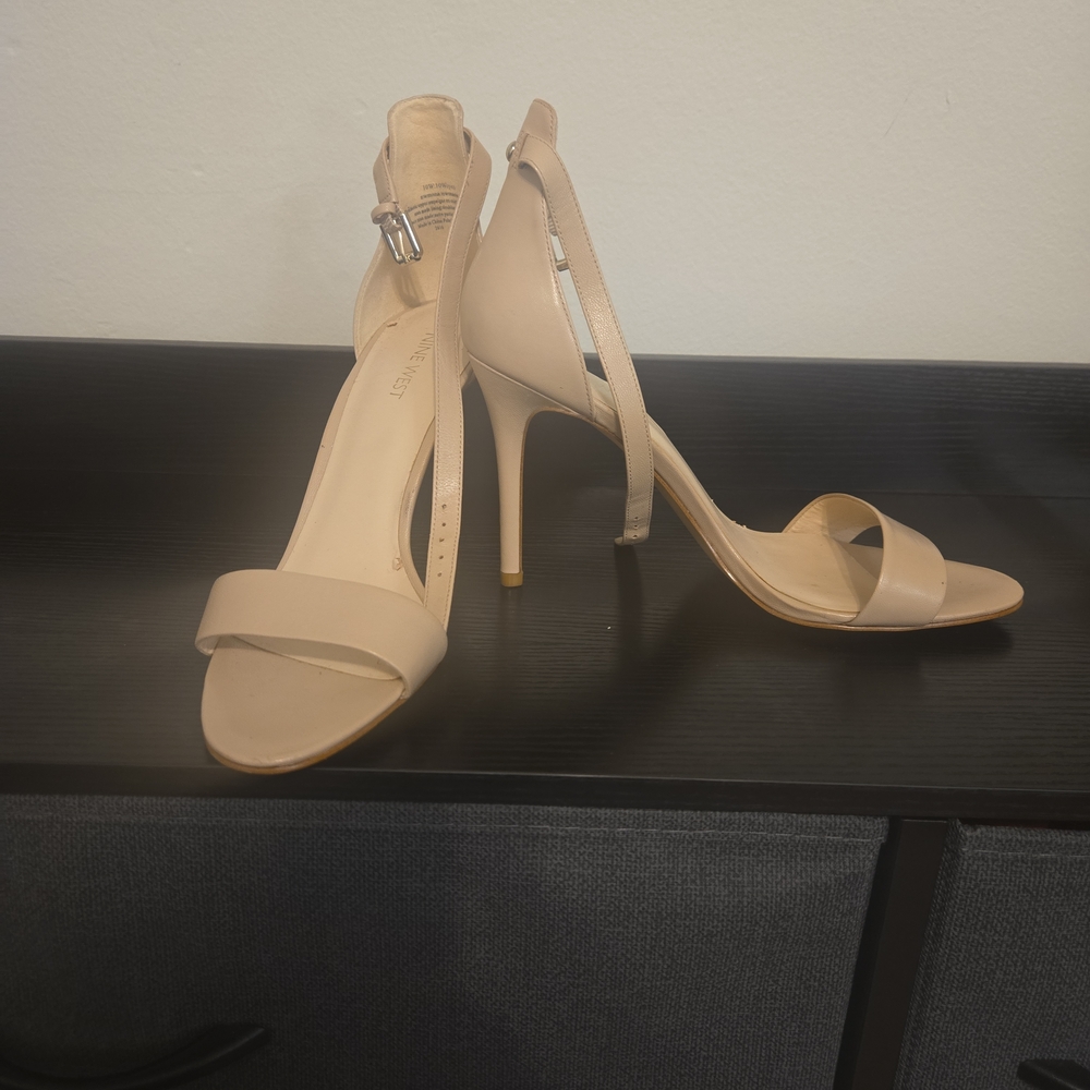 Nine West Nude Leather Ankle Strap Heeled Sandals